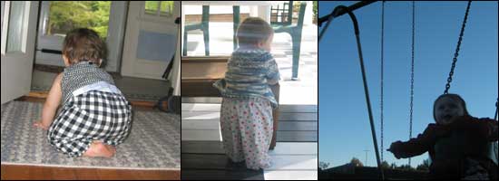 Three pictures: one of her crawling away from the camera, one of her standing against a table, and one of her on a playground swing.