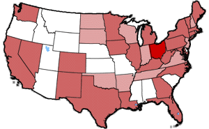 A map of the United States showing the states which Eric has visited or driven through as of 2 February 2004.