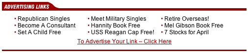 A set of nine advertising links, of which four are clearly to the right of the political spectrum, and another two could be considered to be so.  The four are: 'Republican singles', 'Hannity Book Free', 'USS Reagan Cap Free', and 'Mel Gibson Book Free'.  The two are 'Meet military singles' and 'Retire Overseas!'.