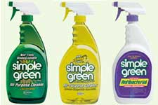 A picture of three bottles of the general-purpose cleaner 'Simple Green'.  The first contains a dark green liquid, as you might except given its name.  The second contains yellow (lemon-scented) liquid, yet is still called 'Simple Green'.  The third is a white bottle with a purple label; again, it has the name 'Simple Green' prominently displayed.