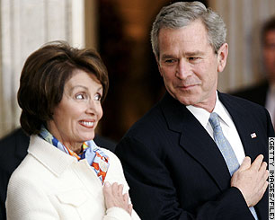 A picture of Nancy Pelosi and George W. Bush, bearing facial expressions I'm not sure can be described.