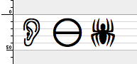 (A screenshot of the symbols expected from Webdings: an ear, a circle with a line through the middle, and a spider.)