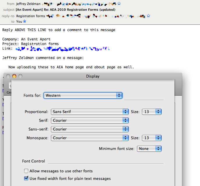 A screenshot showing that all the relevant preferences have been set over top of a mail message which clearly violates the preference settings by displaying the message in a different font and font size.
