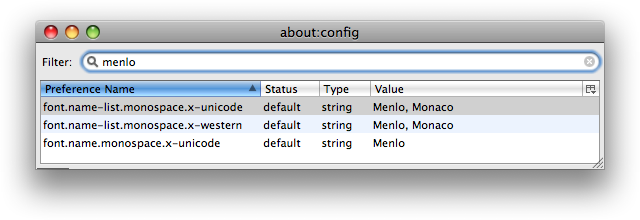 A screenshot of about:config (a.k.a. the Config Editor) showing the results of a search for the term 