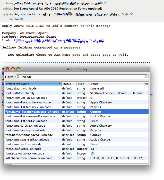 The 'about:config' window showing the results of a search for the term 'unicode'.  The three preferences changed are 'font.name-list.monospace.x-unicode', 'font.name.monospace.x-unicode', and 'font.size.fixed.x-unicode'.  There are thirteen other preferences listed along with the three changed, for a total of sixteen.