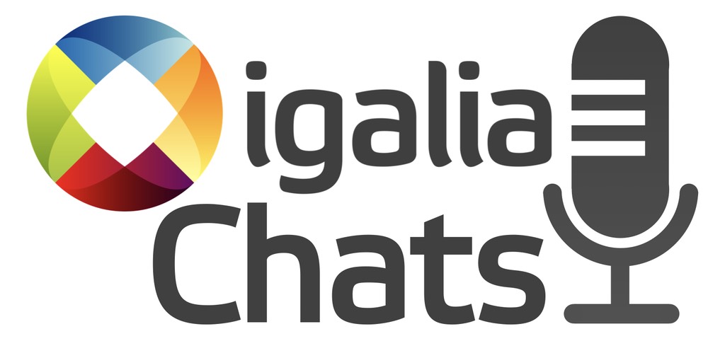 The Igalia Chats logo, which combines the official full Igalia logo of a many-colored circle and the name of the company with the word “Chats” below the logo in a slightly larger font size than that used for the name of the company.  Next to them is a large stylized icon of a microphone.