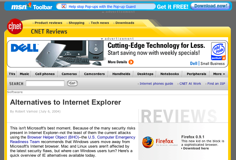 An MSN toolbar at the top of an article about alternatives to Internet Explorer